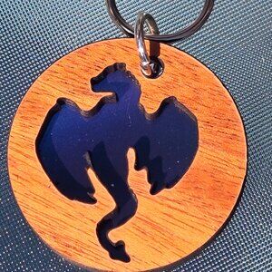 HANDMADE KEYCHAIN BAG CHARM MAHOGANY CUT OUT DRAGON WITH ALASKA NIGHT SKY  NWOT